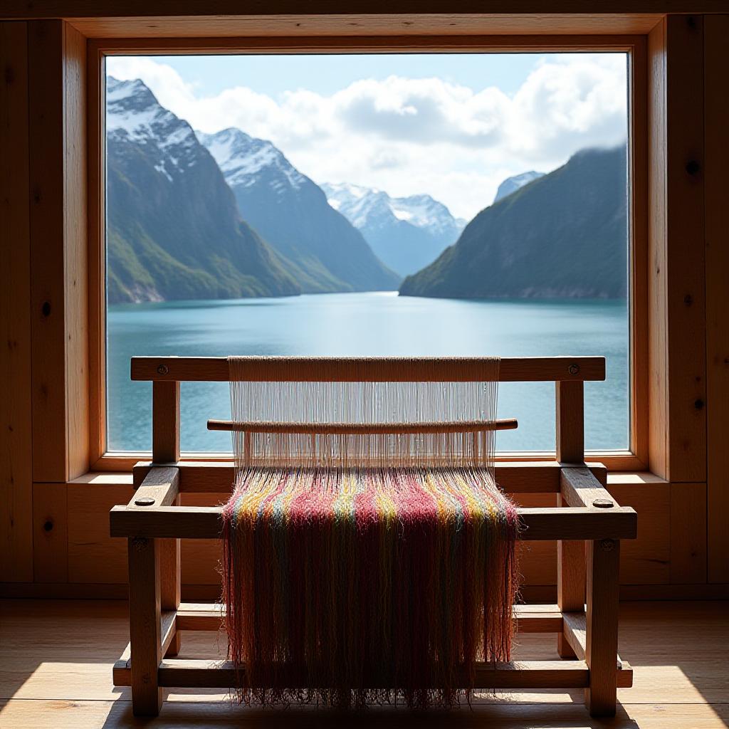Tradisjonell norsk vevstol med utsikt over en fjord